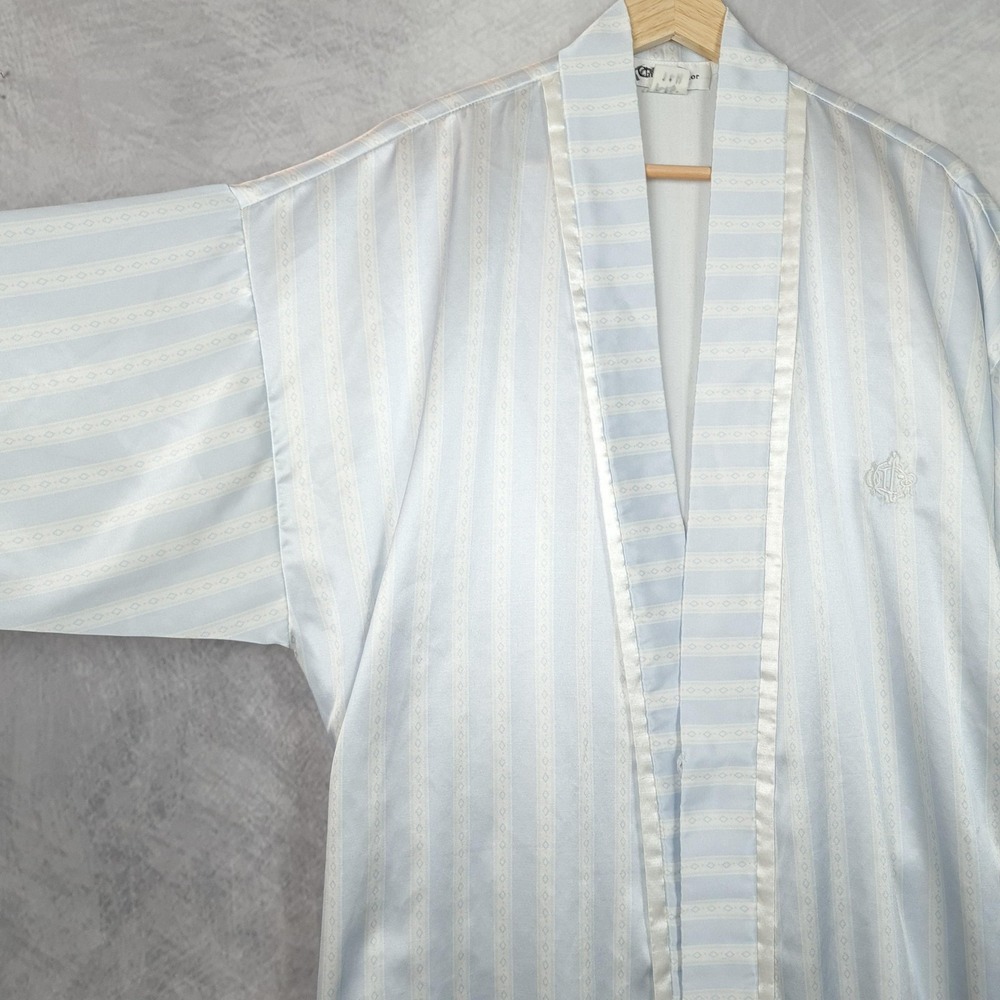 Vintage Christian Dior Robe Womens Large Blue Satin Kimono Striped Logo Belted - Picture 9 of 16